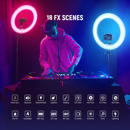 NEEWER 18 Inch RGB LED Ring Light APP Control with Tripod Stand Phone Holder Compatible with iPhone for Selfie Makeup Lash Studio Streaming Video Recording Lighting, 42W Ringlight Dimmable, RGB18 II