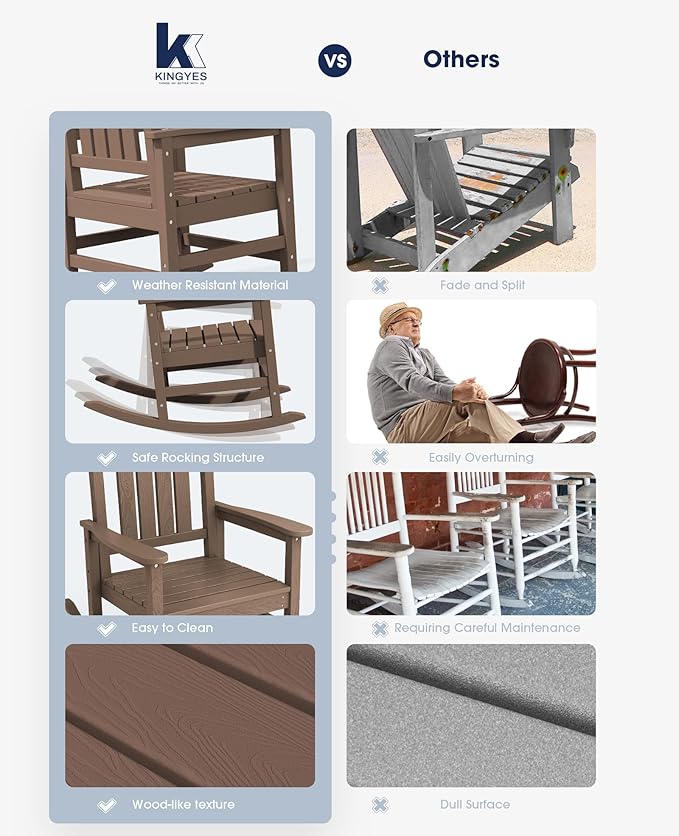 KINGYES Outdoor Rocking Chair Set of 2, High Density Polyethylene Patio Rocking Chairs with 330lbs Support for Adults, Brown