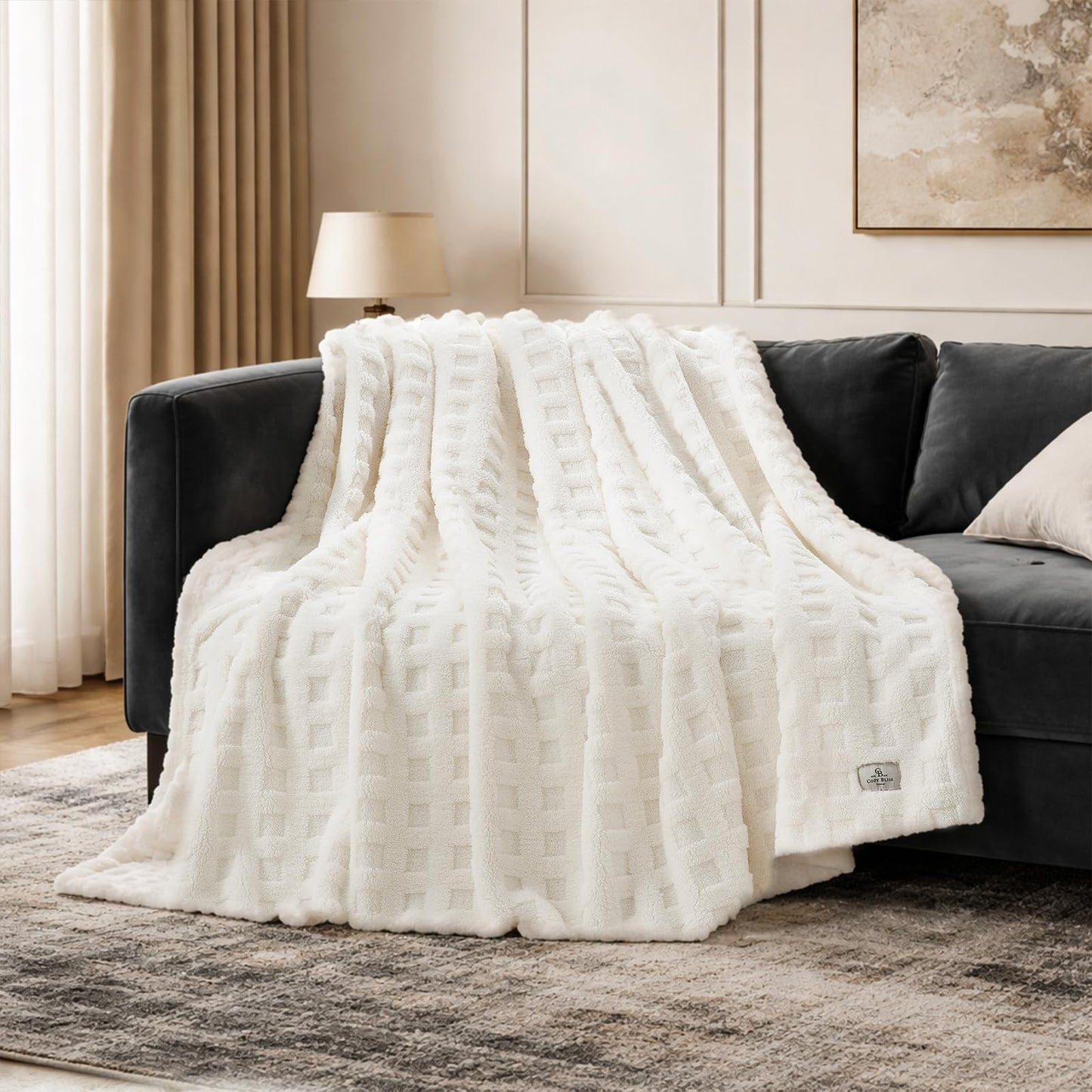 Cozy Bliss Ultrasoft Waffle Throw Blanket, Fluffy Cute Plush Blanket for Couch, Bed, Modern Home Accent, Portable for Picnic or Outdoor, Ivory, 66"x90"