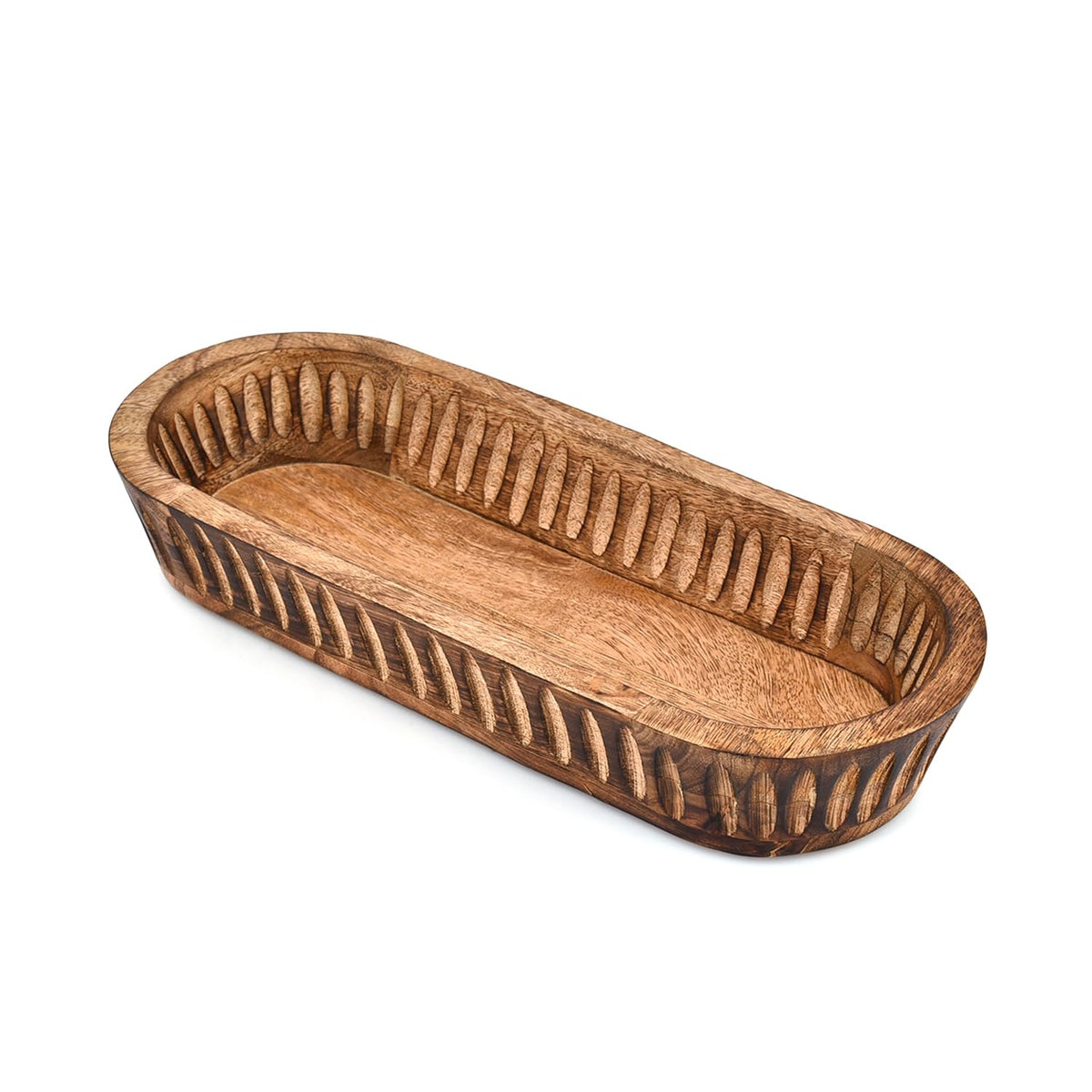Kaizen Casa Decorative Mango Wood Bowl – Hand-Carved Wooden Centerpiece with Burned Finish for Entry Table, Coffee Table, Kitchen & Dining Room | Rustic Farmhouse Décor (14" X 6" X 2")