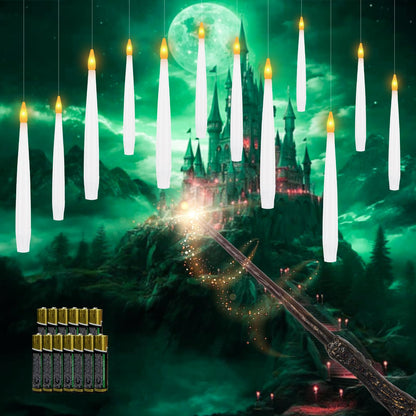 Sunjas 12 PCS Floating Candles with Wand LED Magic Hanging Candle Battery Operated Candle with 13 Batteries Include Flickering Warm Light Floating Candles for Christmas Halloween Decoration
