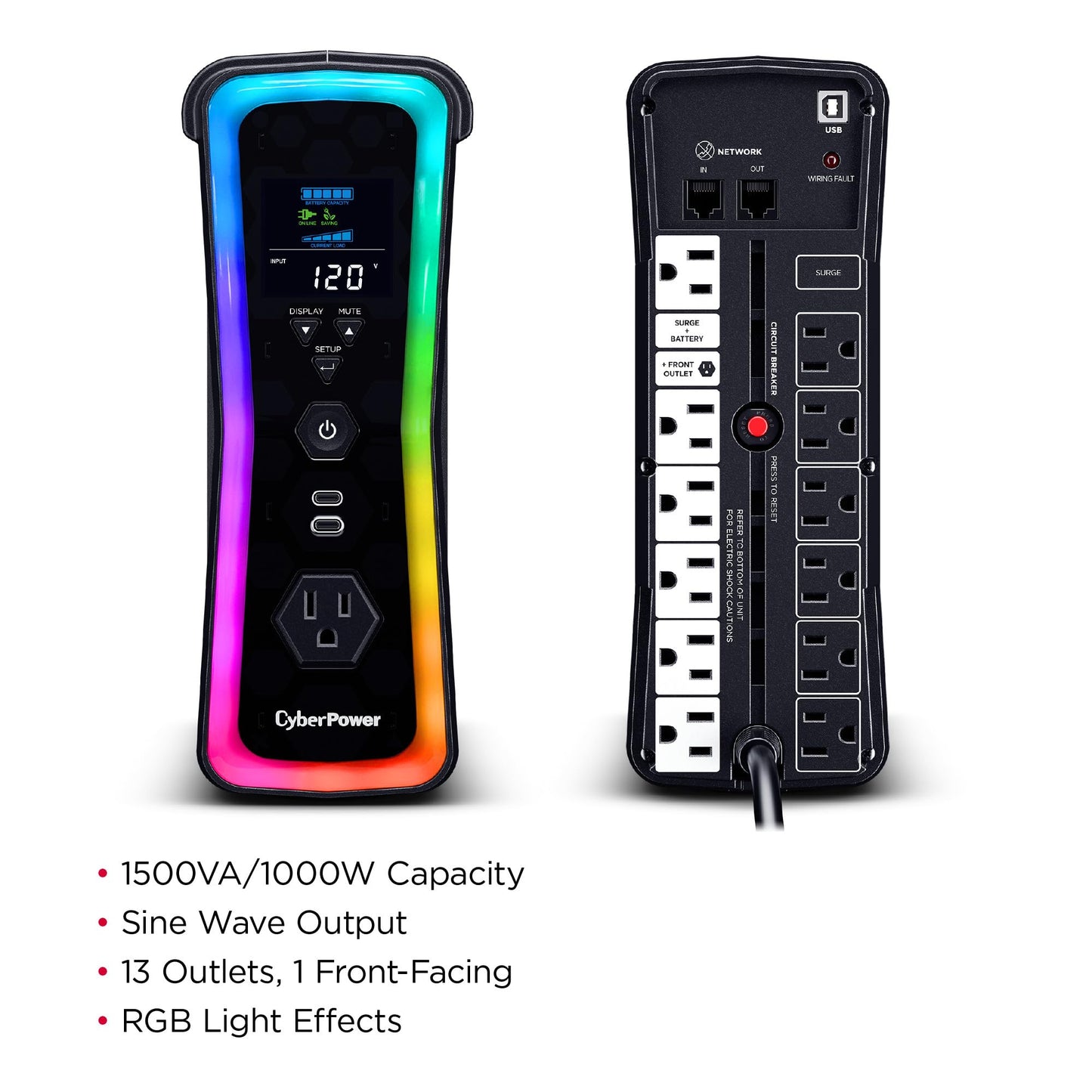 CyberPower GX150C2 Gaming UPS Battery Backup and Surge Protector, 1500VA/1000W, RGB Lighting, 13 Outlets, USB‑C Charging, UL Certified
