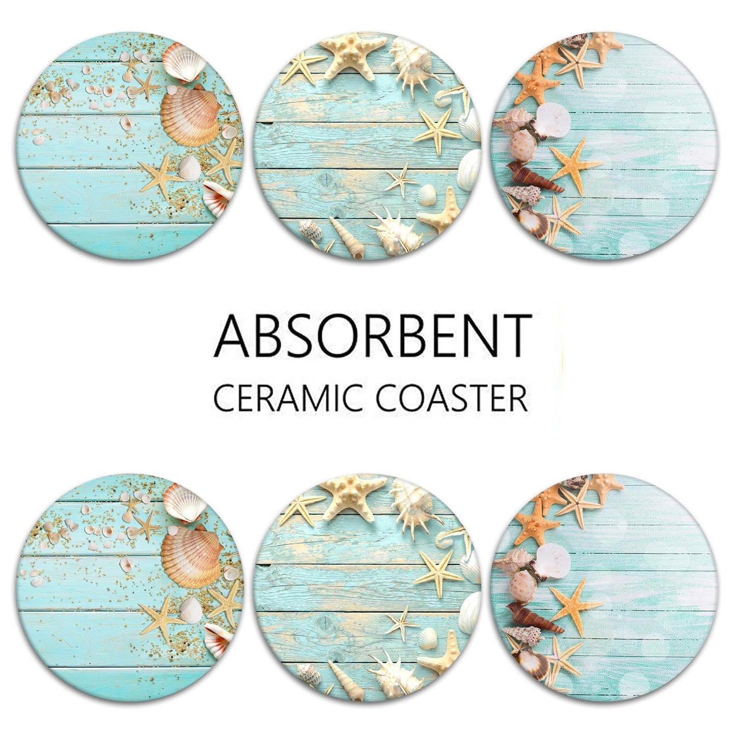 Britimes Coaster for Drinks Set of 6, Beach Seashells Wooden Nautical Wood Sand Table Coastal Absorbent Round Ceramic Stone Mat, with Cork Base and Metal Holder, Gift for Housewarming Room Bar Decor