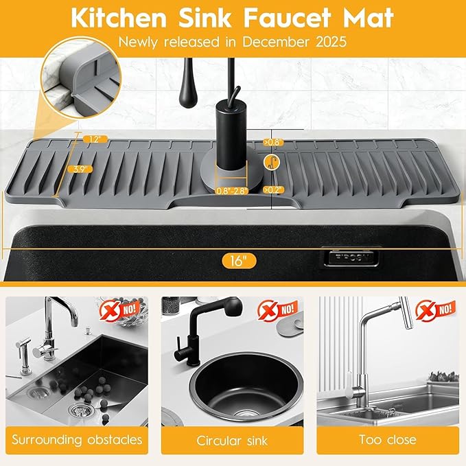 16" Silicone Faucet Mat for Kitchen Sink Released in 2025/12TH, 8° Slope Fast