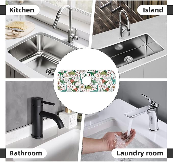 Dinosaur Christmas Happy New Year Kitchen Sink Splash Guard Faucet Mat Super
