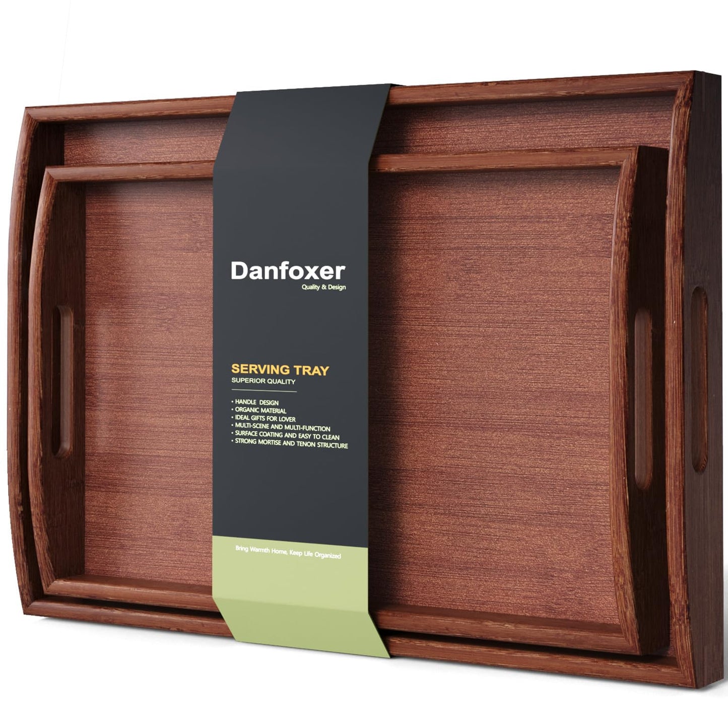 Danfoxer Bamboo Set of 2 Serving Tray with Handles,Large & Small Food Serving Trays for Coffee Table, Kitchen Counter, Breakfast, Party, Decorative Trays for Eating, Ottoman, Bathroom(Brown)