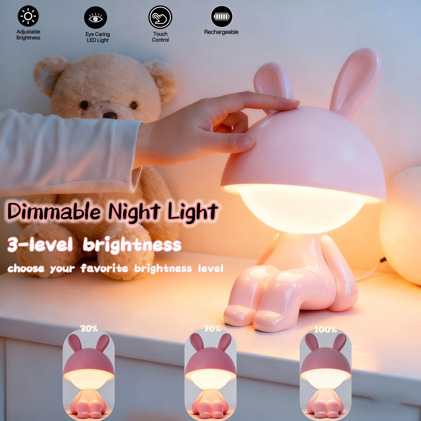 ShonlPin Night Lights for Kids,Rechargeable Table Light,Touch Bedside Lamps,Cordless Dimmable Warm White Light,Baby Nursery,Breastfeeding,Sleep Aid,Bunny Cute Decor Gifts for Newborn Toddler Boy Girls