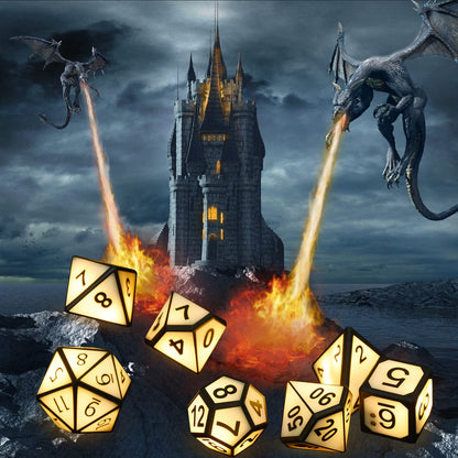 HTPOW Light Up DND Dice Set of 7 USB Rechargeable Role Playing Dice with Charging Box, Valentine's Day Gift Shake to Light up LED Dice for Dungeons and Dragons Role Playing Tabletop Games