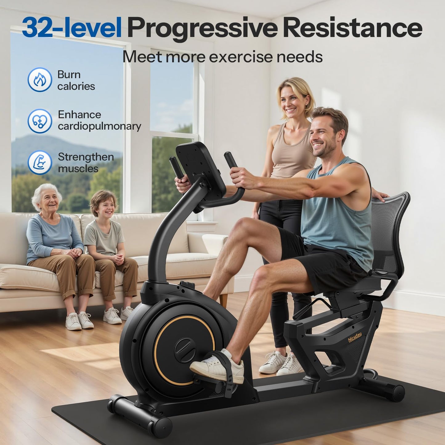 Niceday Recumbent Exercise Bike, Recumbent Bike for Home, Recumbent Stationary Bike 400LBS Weight Capacity, Magnetic Recumbent Bike with Smart Monitor, Heart Rate Handle