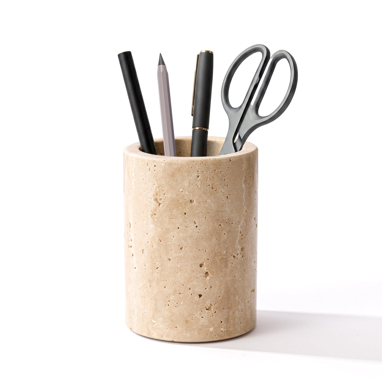 WORHE Travertine Stone Pen Holder for Desk, Handcrafted Volakas Sturdy Desk Organizer for Office Supplies Storage Desktop Stationary Makeup Brushes Cup Pencil Holders for Home Beige (WH101)