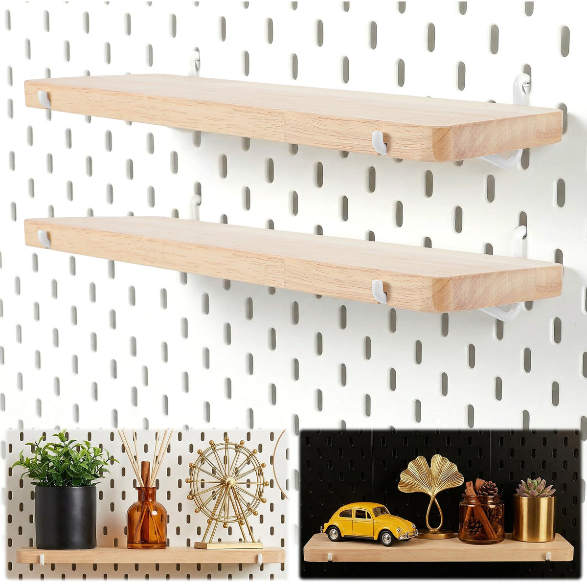 Afcabakila 2pcs Pegboard Shelf Solid Wood Wall Shelf with Hooks L11.8 *W3.9 inch pegboard Accessories pegboards Shelves Wooden peg Board Shelving for Home & Office,Crafts Room, Garage, Workbench