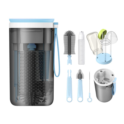 YOTIME Travel Bottle Brush Set, 6in1 Bottle Cleaning Kit with Silicone Bottle Brush, Nipple Cleaner Brush, Straw Brush, Soap Dispenser, Bottle Drying Rack and Storage Box, Blue