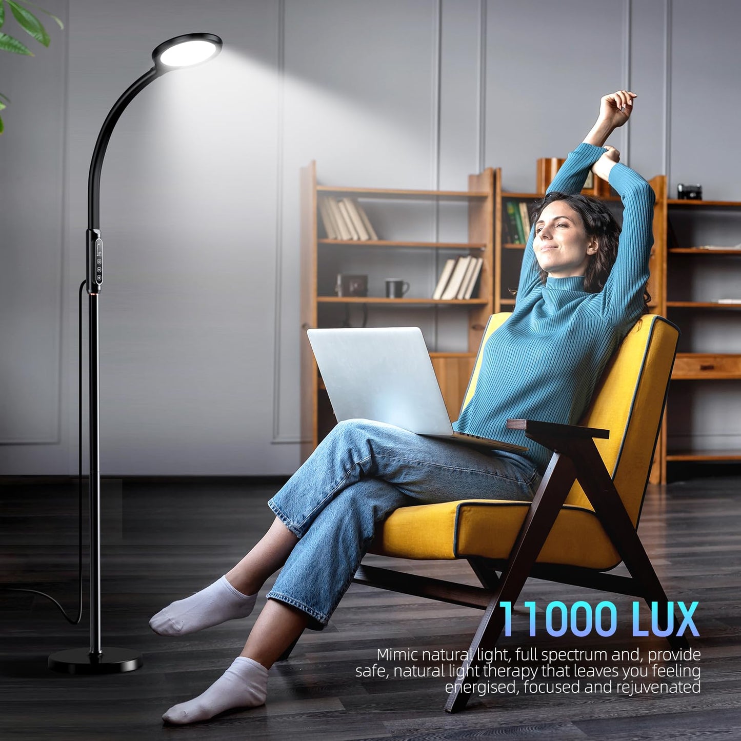 FBBJFF Happy Light Therapy lamp 11000 Lux, LED UV-Free Sunlight lamp,Full Spectrum Happy Therapy lamp with 10 Adjustable Brightness Levels, 2 in 1 Retractable Floor Sad Lamp (Black)
