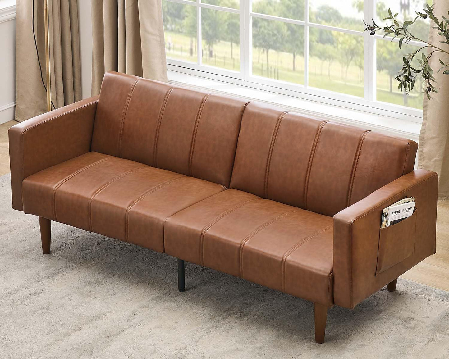 GarveeHome 75 in Futon Sofa Bed Mid-Century Futon Couch, PU Leathe Convertible Sleeper Couch with Adjustable Backrest, Loveseat and Side Pockets for Living Room & Bedroom (Brown)