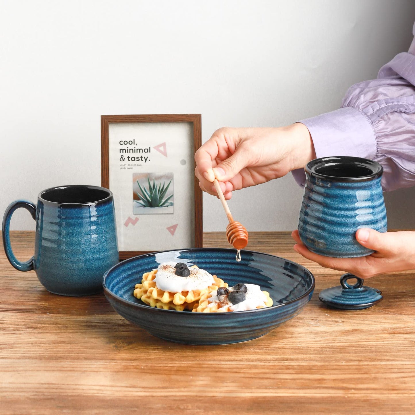 Hasense Cermaic Salt and Pepper Shakers and 12 Ounce Honey Jar, 3 PCS, Blue