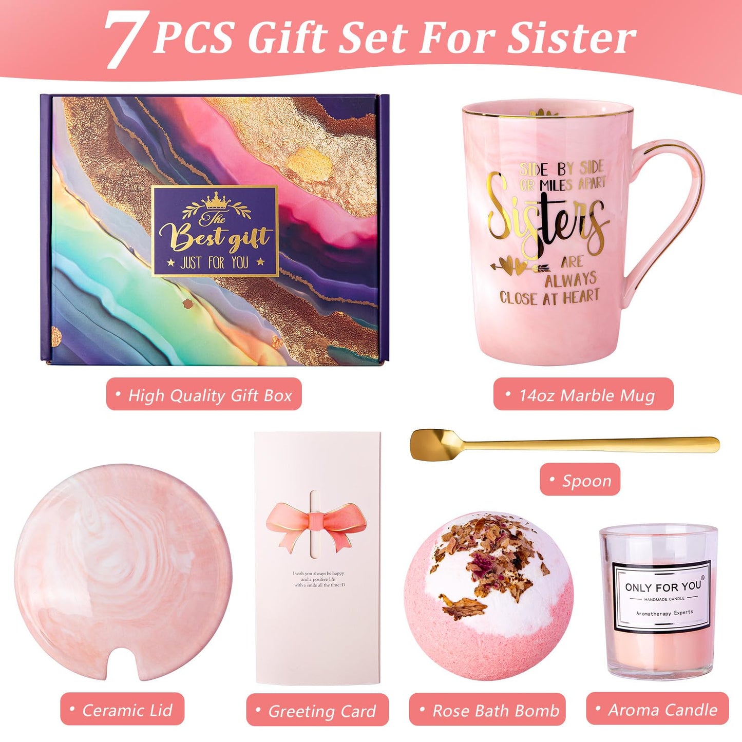 Sister Birthday Gifts from Sister Brother, 7pcs Relaxing Bath Christmas Set Basket with Funny Gold Print Mug, Scented Candle, Self Care Set, Idea for Sisters in Law, Soul Sisters, Nice Gift Boxed