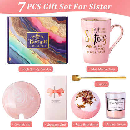 Sister Birthday Gifts from Sister Brother, 7pcs Relaxing Bath Christmas Set Basket with Funny Gold Print Mug, Scented Candle, Self Care Set, Idea for Sisters in Law, Soul Sisters, Nice Gift Boxed