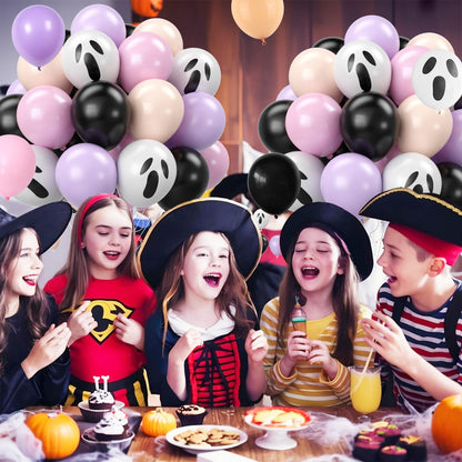 Halloween Balloons,52PCS 12 Inch Halloween Pastel Pink Black Orange Purple Balloon, Ghost Printed Ballons for Halloweenday BOO Party Decorations,Birthday,Baby Shower