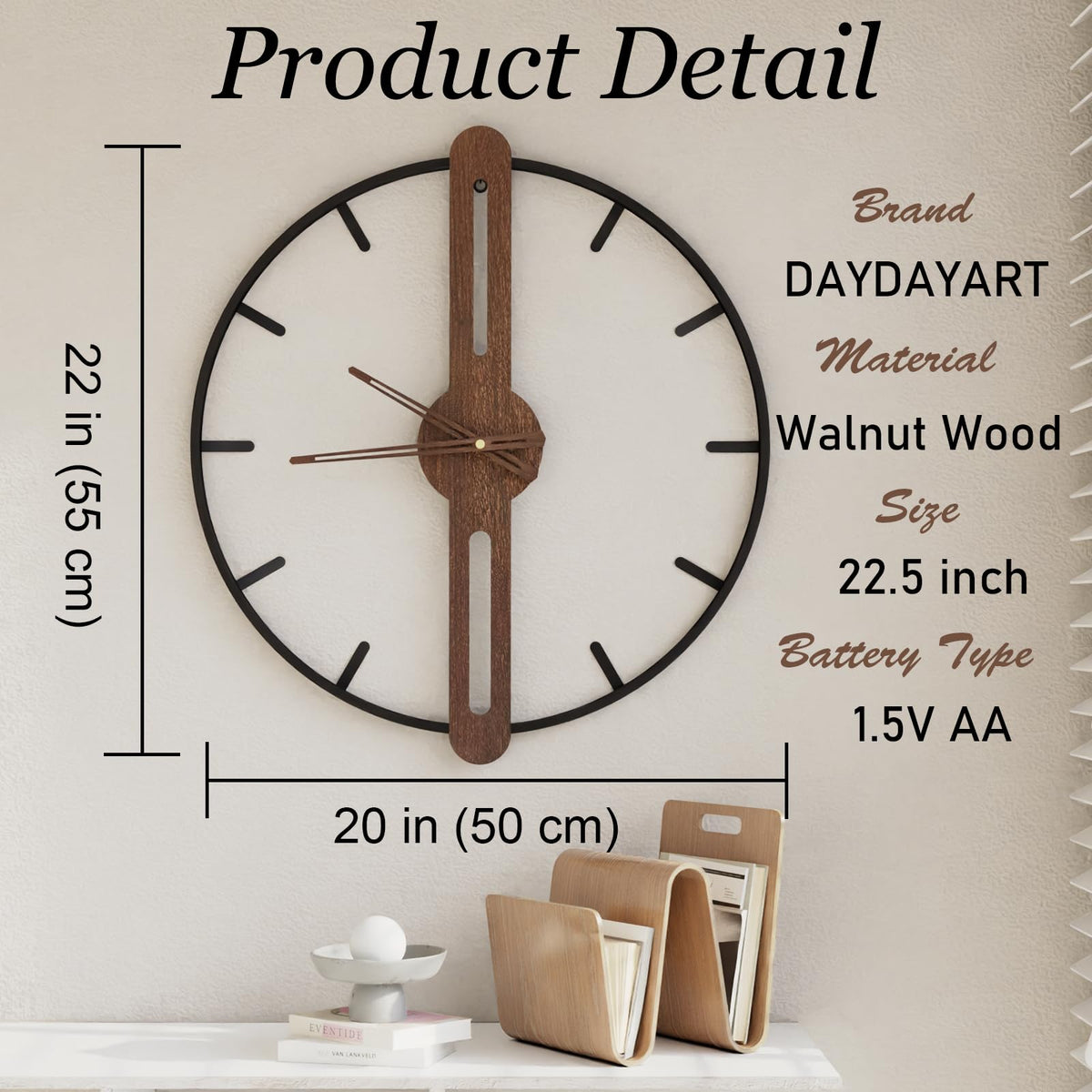DAYDAYART Modern Walnut Dial Wall Clock, Wood Large Wall Clock Decor Metal Frame Silent Non Ticking for Living Room, Bedroom, Kitchen, Study Decoration, Handmade Home Present Idea, 20 in （50 cm）