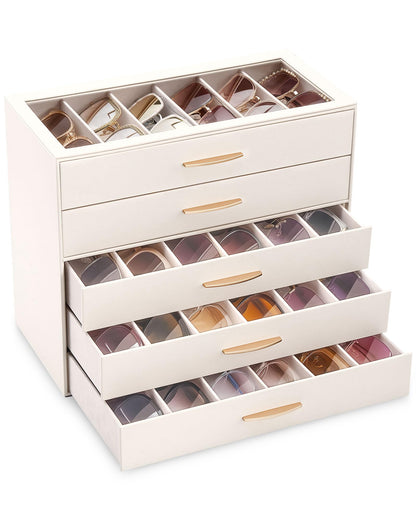 Lolalet 30 Slots Sunglasses Organizer Case for Women, 5-Layer Eyeglass Storage Holder Display Box with Clear Top Lid -Cream