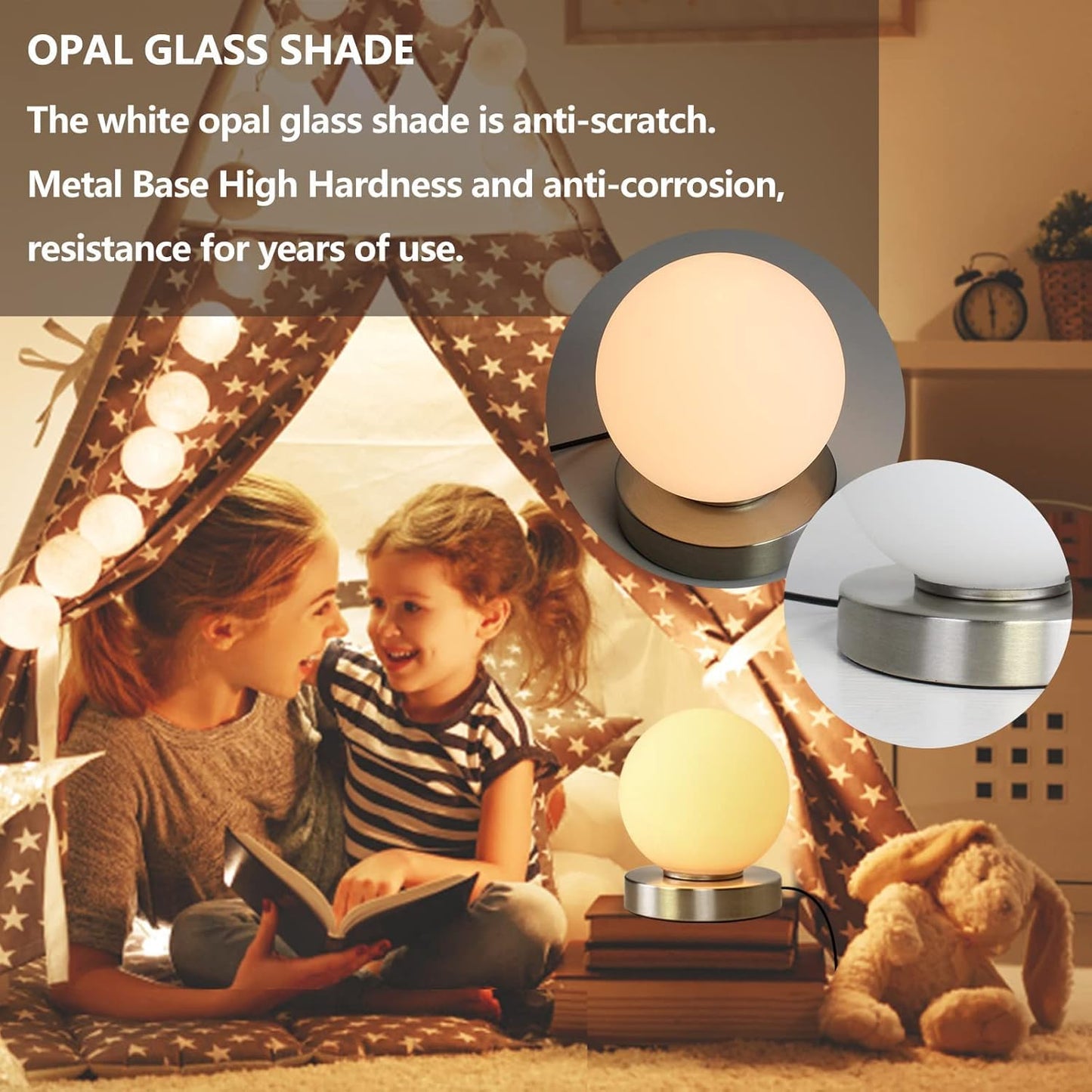 Modern Small Table Lamps, Opal Glass Bedside Table Lamp 3 Colors Dimmable Gold Desk Lamp, for Bedroom Living Room Nightstand, Simple Design (Silver)