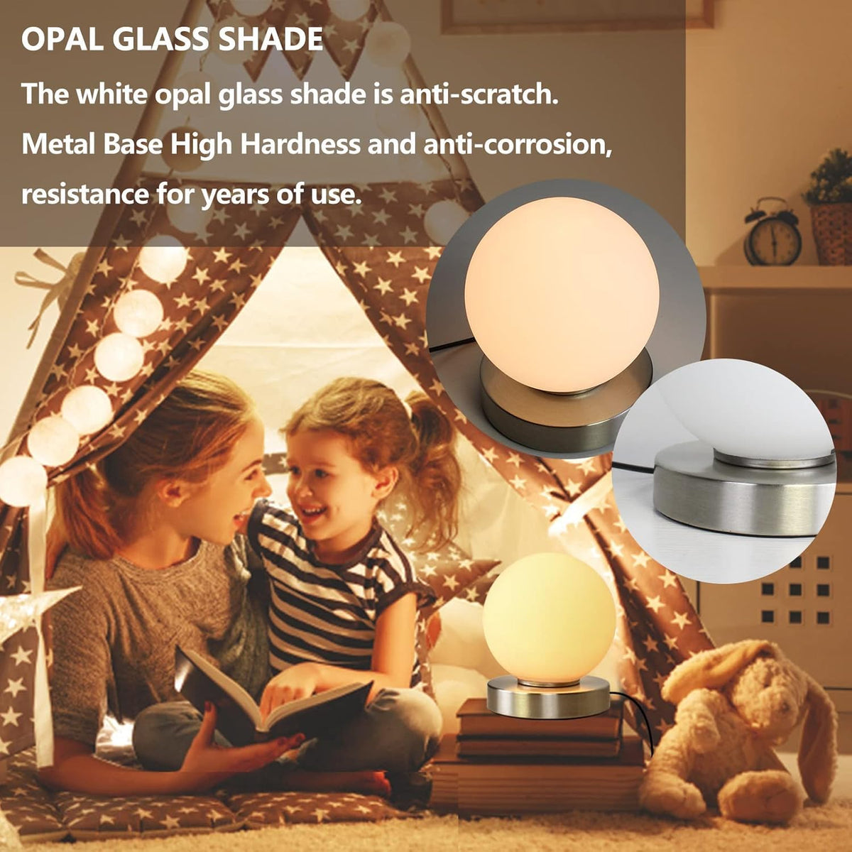 Modern Small Table Lamps, Opal Glass Bedside Table Lamp 3 Colors Dimmable Gold Desk Lamp, for Bedroom Living Room Nightstand, Simple Design (Silver)