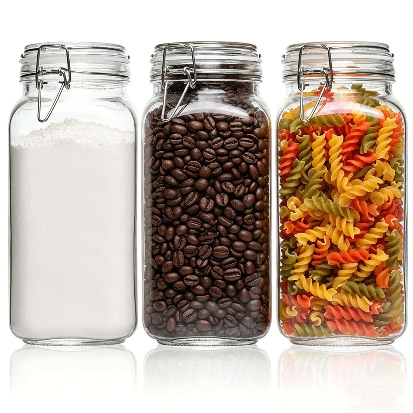 ComSaf 3-Pack 78oz Large Square Airtight Glass Jars for Bulk Food, Holds a 4lb Bag of Sugar or 5lb of Rice, Wide Mouth Canister for Flour, Coffee & Pantry Organization