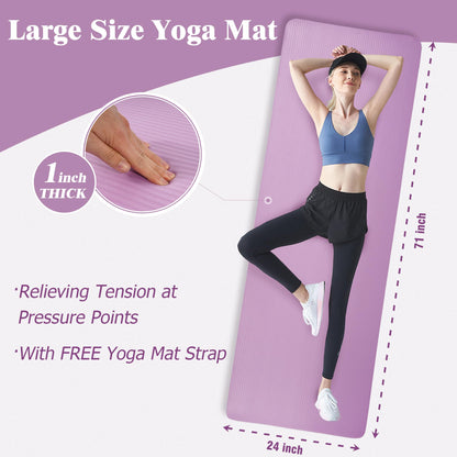 Fitvids Yoga Mat 1-Inch Extra Thick High-Density Exercise Mat with Non-Slip Surface & Carry Strap for Men & Women Tear-Resistant Pilates Workout Mat for Home Gym, Floor Fitness