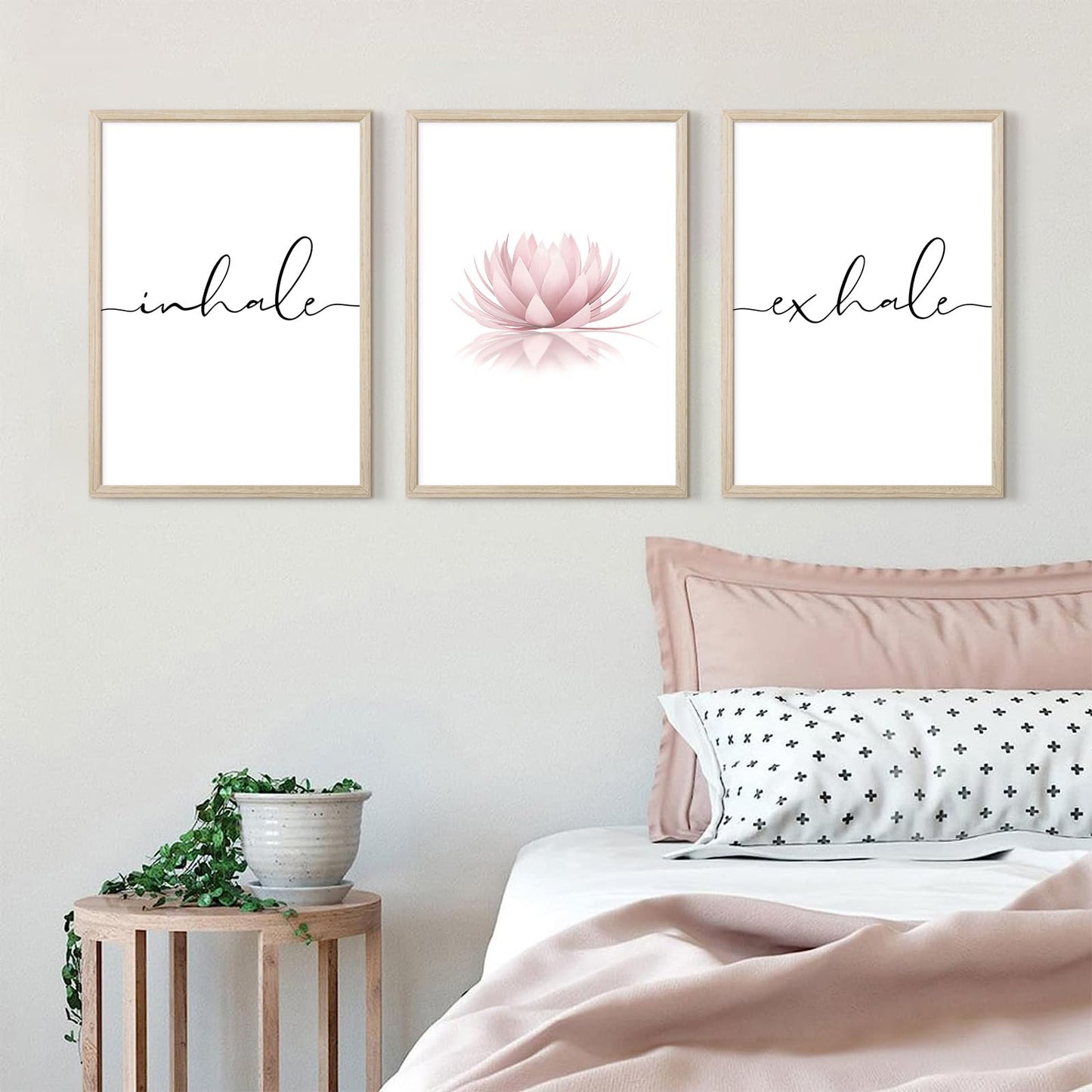 Inhale Exhale Wall Art Zen Canvas Decor Yoga Lotus Wall Art Calming Meditation Artwork Pink Yoga Poster Zen Pictures Painting for Living Room Bedroom 12x16 Inch Wood Framed Set of 3