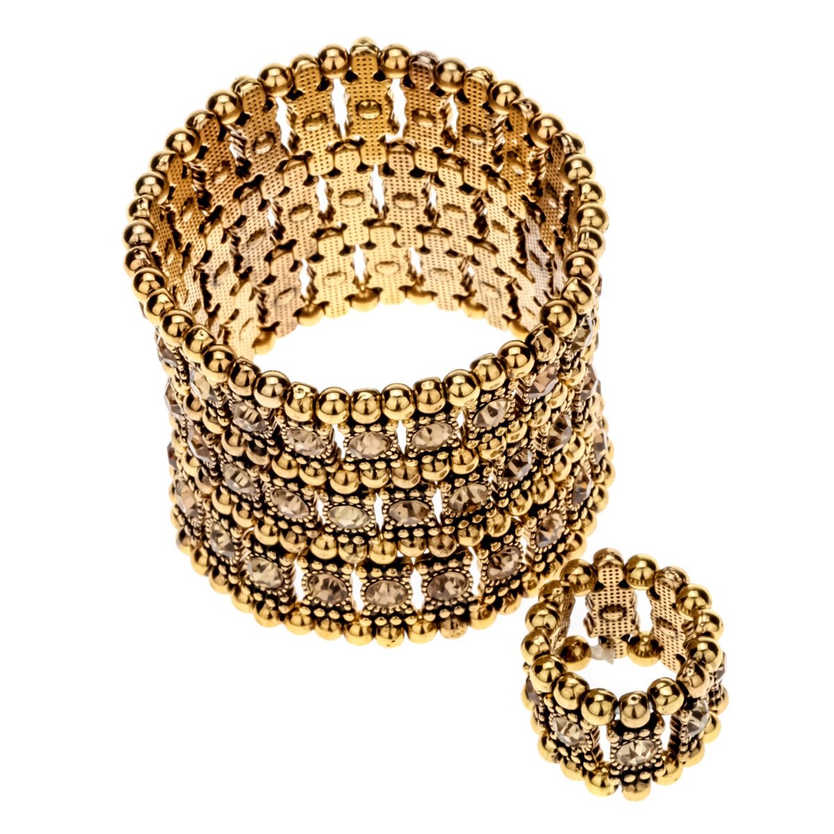YACQ Women's Stretch Cuff Bracelet Ring Set - Fit Wrist Size 6-1/2 to 7-1/2 Inch & Finger 6-1/2 to 9 - Bracelet 2 Inch Wide - Lead & Nickle Free (Gold Bracelet Ring Set)