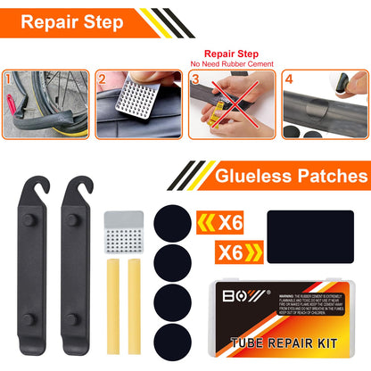 Bicycle Repair Bag With Tire Pump, Portable Tool Kit for Camping Travel - Bike Glueless Patches, Maintenance Essentials All in One Safety Kit
