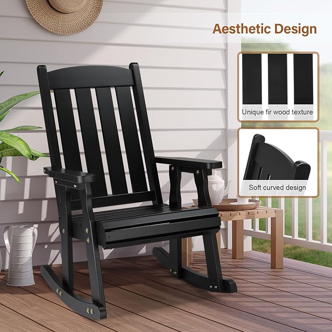 VINGLI Outdoor Rocking Chair Set of 2, Heavy Duty 600 LBS Wooden Rocking Chair with Comfortable Backrest, Weatherproof Rocker with Ergonomic Design, Suit for Patio, Garden, Yard, Black