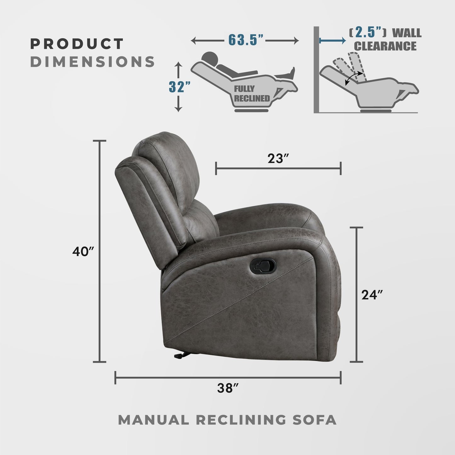 Lexicon Manual Double Reclining Sofa, Polished Microfiber Manual Wall Hugger Sofa Recliner for Living Room, Home Theater Seating, Track Arm, Stitching Cushion, Padded Foam Seat Cushion, Gray