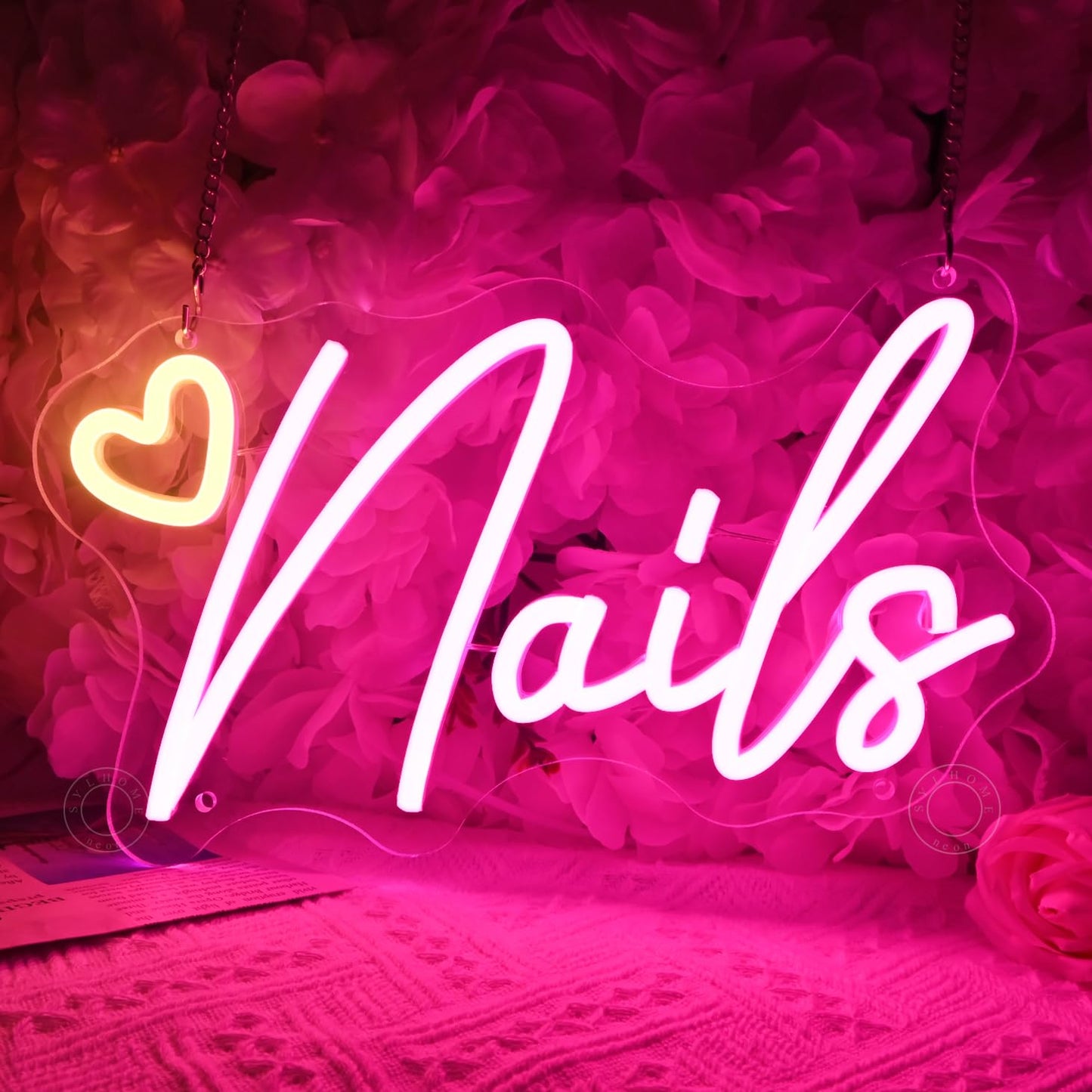 SYLHOME Led Neon Light Sign Nails With Heart Nail Studio Beauty Salon Business Makep Room Wall Sign Decor Birthday Party Backdrop 11.81" X 6.7" USB