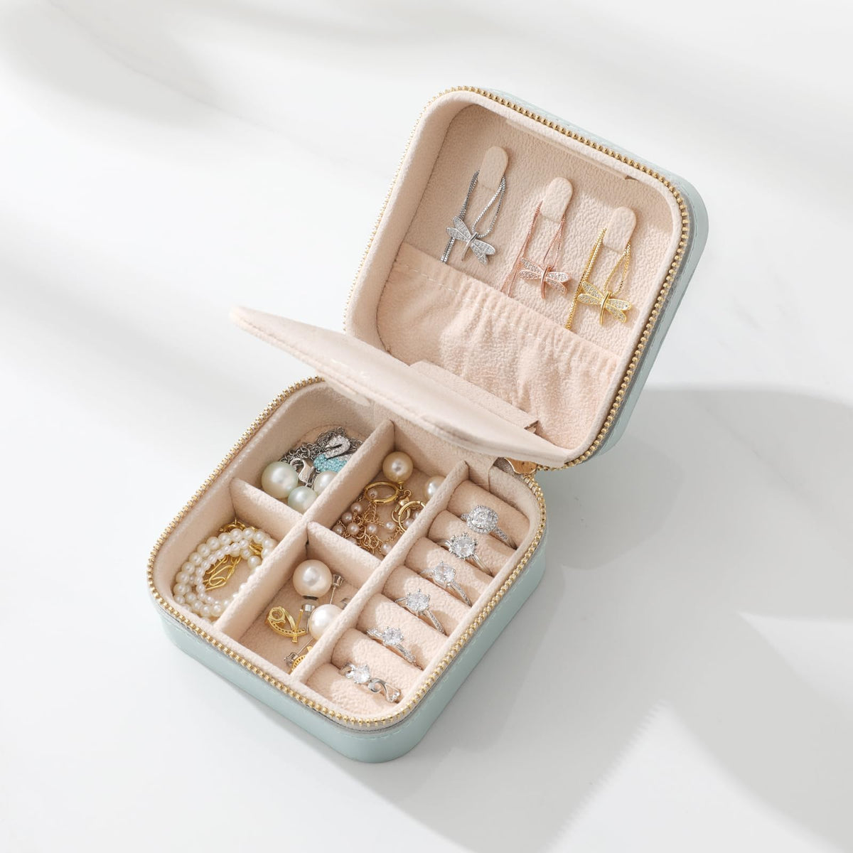 NGVRC Genuine Leather Travel Jewelry Case Organizer with Mirror for Women, Small Jewelry Box Portable Mini Jewelry Case for Earring, Ring, Necklace, Bracelet(Cyan)