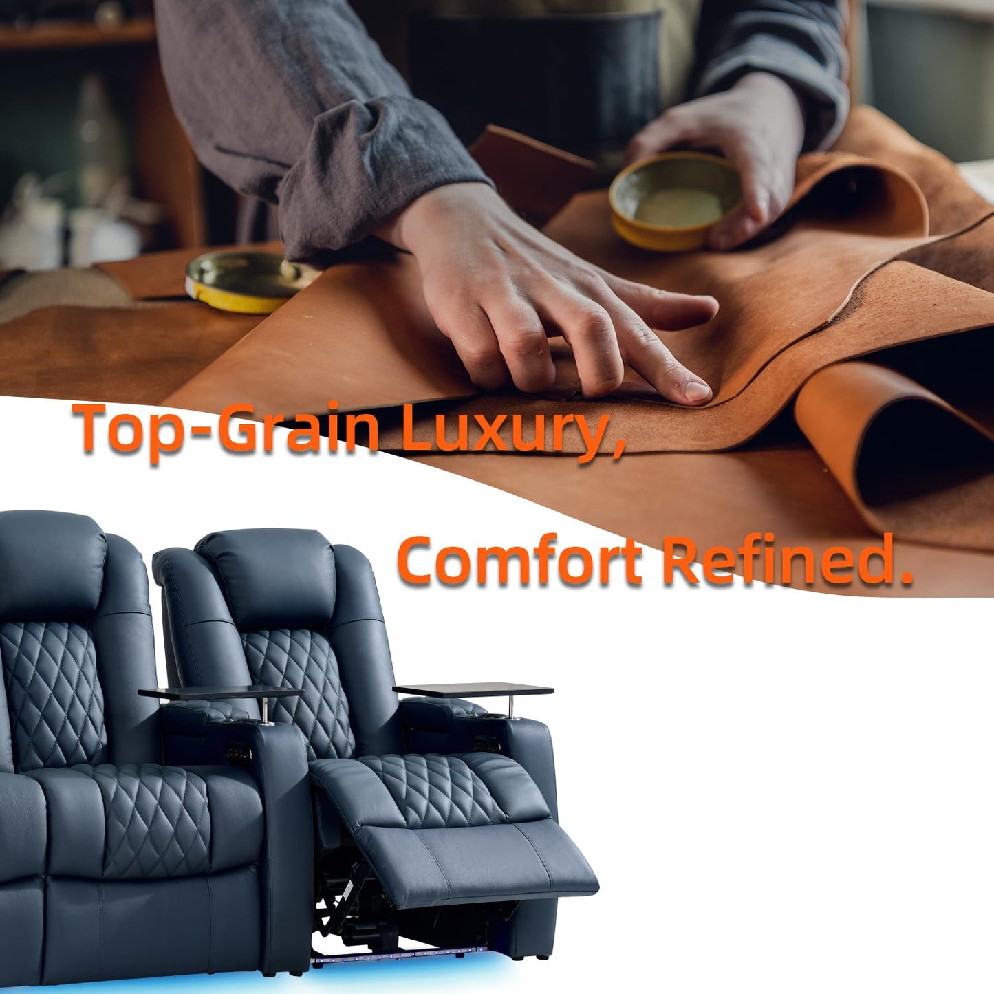 comfiroom Top Grain Leather Home Theater Seating, Classic Series Game Seats Movie Recliner Theater Chairs Recliner Sofa with Type-C Charger Bedroom Sofa Chair for Living Room (Blue, Row of 1)