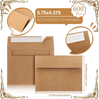 Fainne 600 Pack Brown Envelopes Bulk, Kraft Envelopes for Invitation, 120 GSM Gift Card for Office, Gift, Party, Baby Shower, Wedding (A2,5.75 x 4.375")