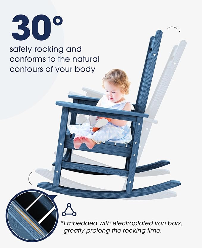 KINGYES Oversized Outdoor Rocking Chair Set of 8, All-Weather Patio Rocking Chairs for Porch, HDPE Outdoor Patio Rockers with High Back & Wide Seat for Garden, Lawn, Blue