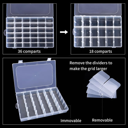 OUTUXED 2 Pack 36 Grids Clear Plastic Bead Organizer Box, Fishing Tackle Box Compartment Organizer with Adjustable Dividers for Jewelry, Art Craft, Bead Storage Containers with 5 Sheets Label Stickers