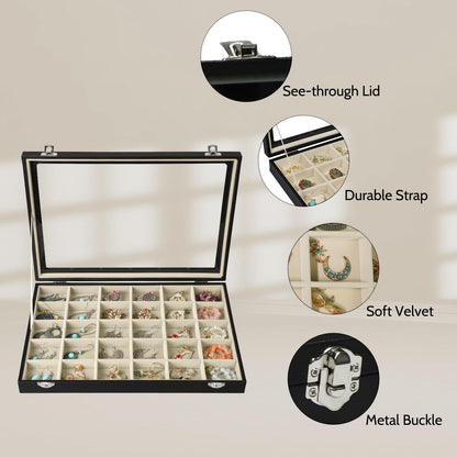 Stratalife Earring Organizer Jewelry Holder Organizer Drawer Earring Storage Jewelry Tray with Clear Lid Ring Box for Women Girls Anti Tarnish 30 Grid (Beige Black)