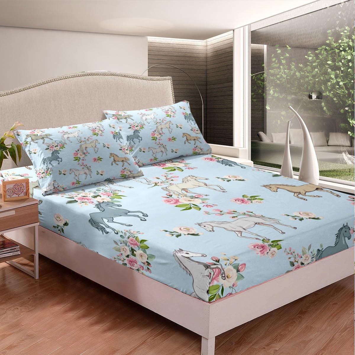 Horse Sheet Set Full Size, Farmhouse Western Cowboy Cowgirls Bed Sheets for Kids Boys Girls Teens, Cartoon Kawaii Horse Bedding Set, Rustic Rose Floral Fitted Sheet + Flat Sheet + 2 Pillow Cases
