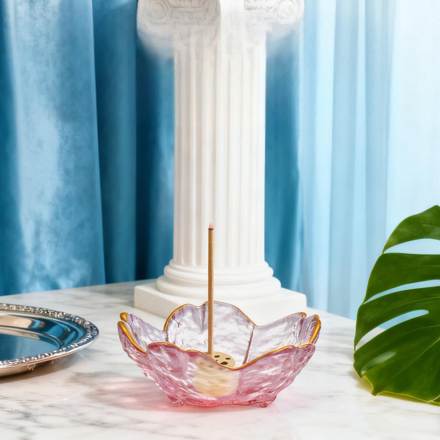 Incense Holder for Sticks, Glass Backflow Incense Burner with 9 Stick Holes, Handmade Cherry Blossom Incense Holder with Ash Catcher for Meditation, Yoga, Home Decor (with Gilt-Edged)