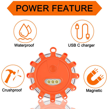 AK LED Road Flares Rechargeable Safety Flashing Warning Light Roadside Emergency Disc Beacon Kit for Vehicles Boats with Magnetic Base & Hook & USB Charging Cables (4 Pack)