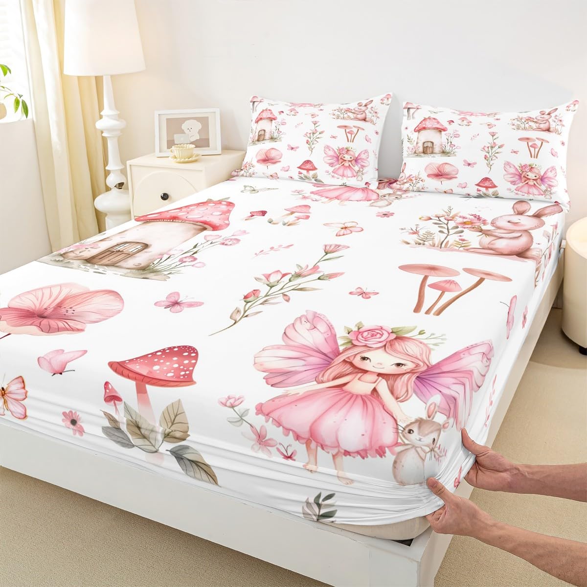 Erosebridal Fairy Garden Twin Bedding Set - Mushroom Floral Butterfly Fitted Sheet for Kids Girls, Pink Flower Bunny Bottom Sheets Only | Forest Themed Fairies Bed Set 2 Piece Room Decor