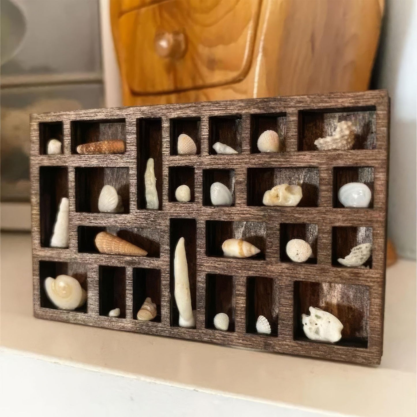 Wooden Miniature Trinket Shelf & Shadow Box (Dark Brown): Multi-Grid Organizer for Tiny Collectibles, Miniatures, Dollhouse Accessories & Desk Display