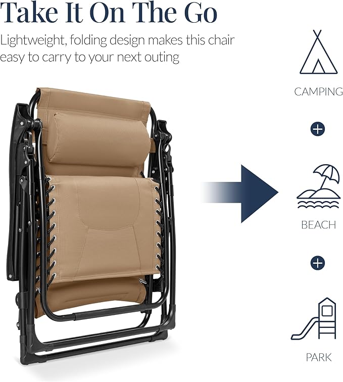 Best Choice Products Oversized Padded Zero Gravity Chair, Folding Outdoor Patio Recliner, XL Anti Gravity Lounger for Backyard w/Headrest, Cup Holder, Side Tray, Polyester Mesh - Beige