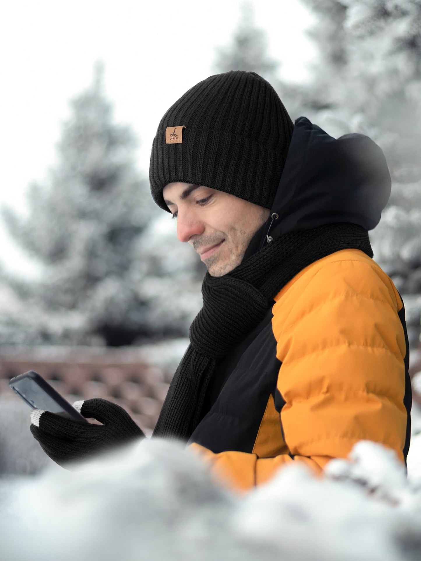 3 PCS Winter Hat Scarf Gloves Set, Soft Warm Knit Beanie Hat Touchscreen Gloves Long Knitted Scarf Set Winter Gifts for Men