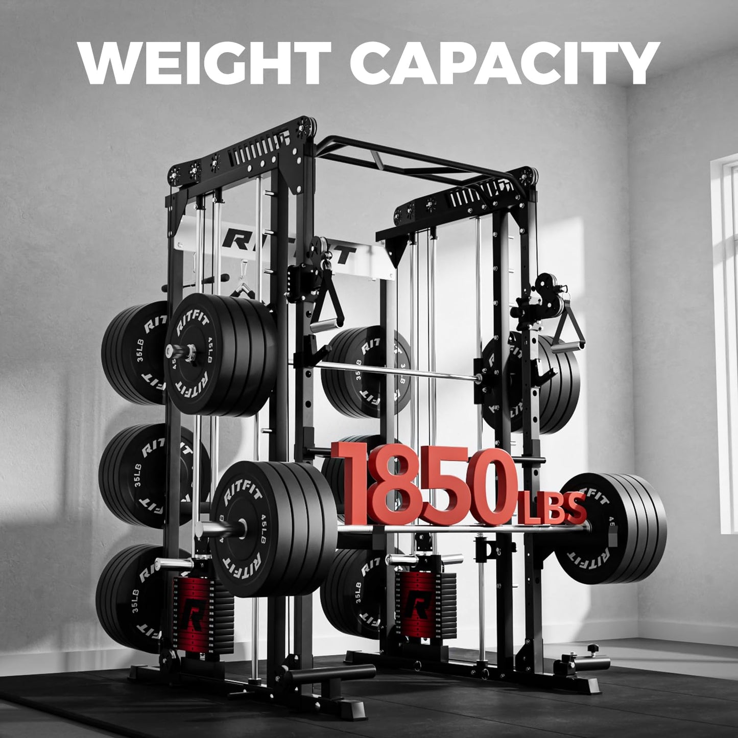 RitFit M1 Pro Smith Machine with LAM1 Adjustable Lever Arm Attachment, All-in-One Power Cage, Power Rack with LAT Pulldown & Cable Crossover System for Home Gym(Black with Weight Stack,BP230)