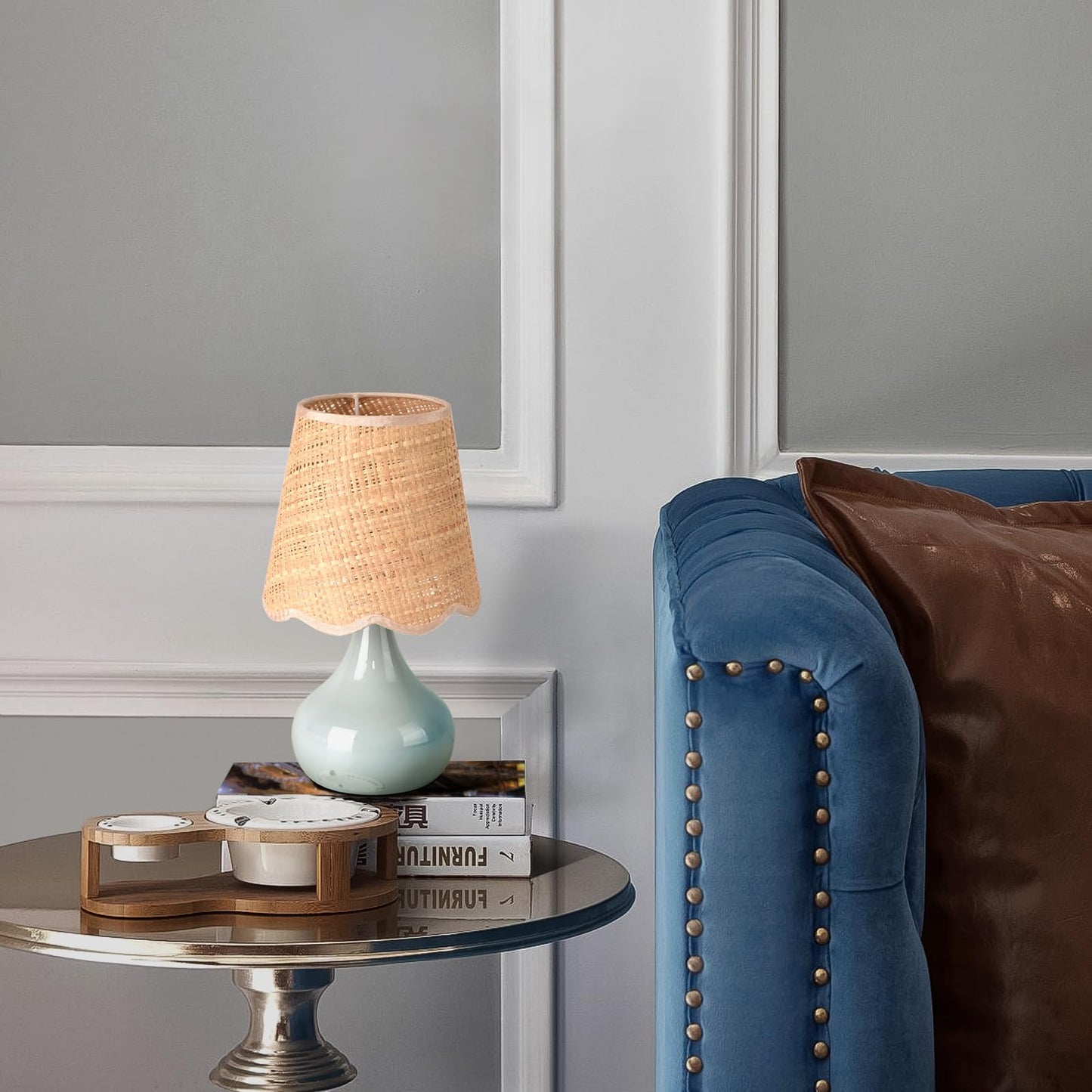 Light Blue Boho Small Table Lamp for Small Spaces, Small Rattan Shade Bedside Lamp for Bedroom, Cute Nightstand Light for Bedside, Kitchen Counter, Bookshelf Lamp, Home Office, Living Room, Dorm
