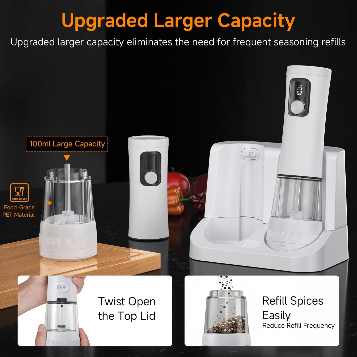 Electric Salt and Pepper Grinder Set,2 Pack Rechargeable Automatic Pepper Mill,with Charging Base,5 Level,Display,LED Lighting,Large Capacity,Kitchen Gift (2, White, Charging Base)